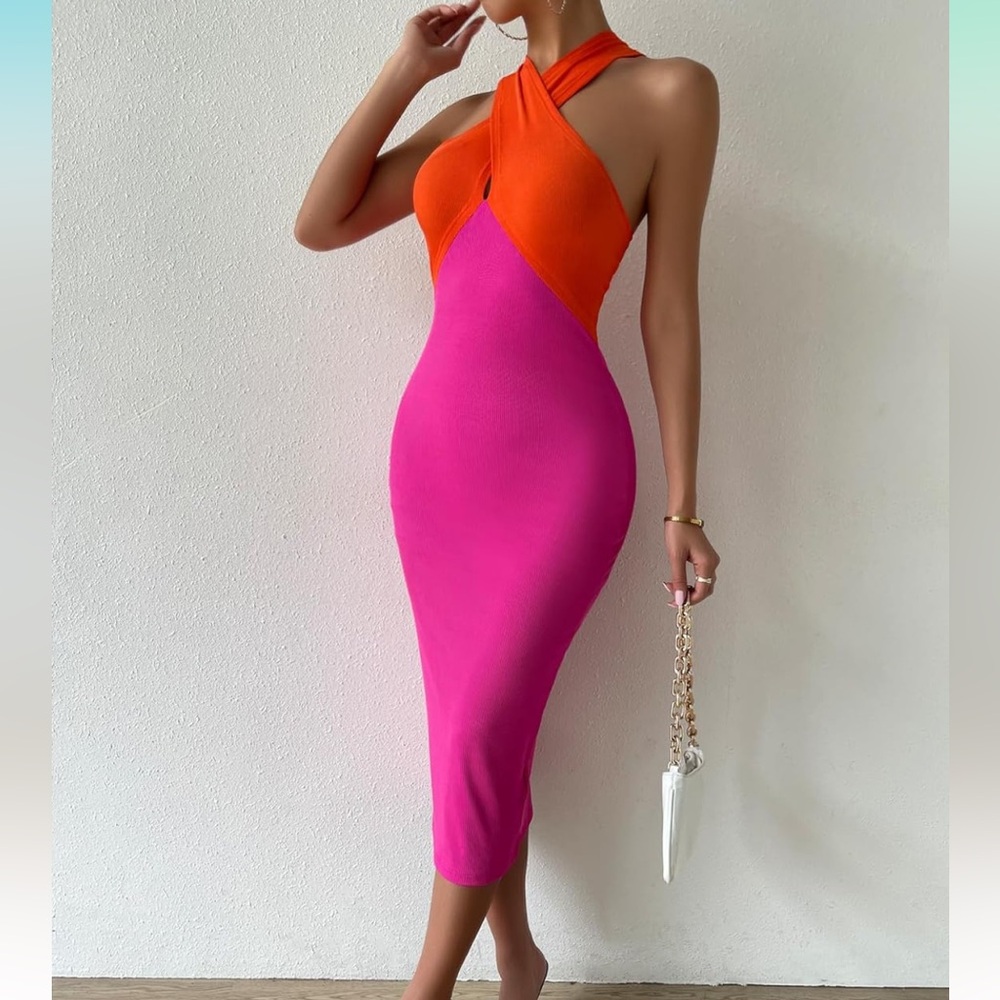 Multi-Color Bodycon Midi Halter Dress